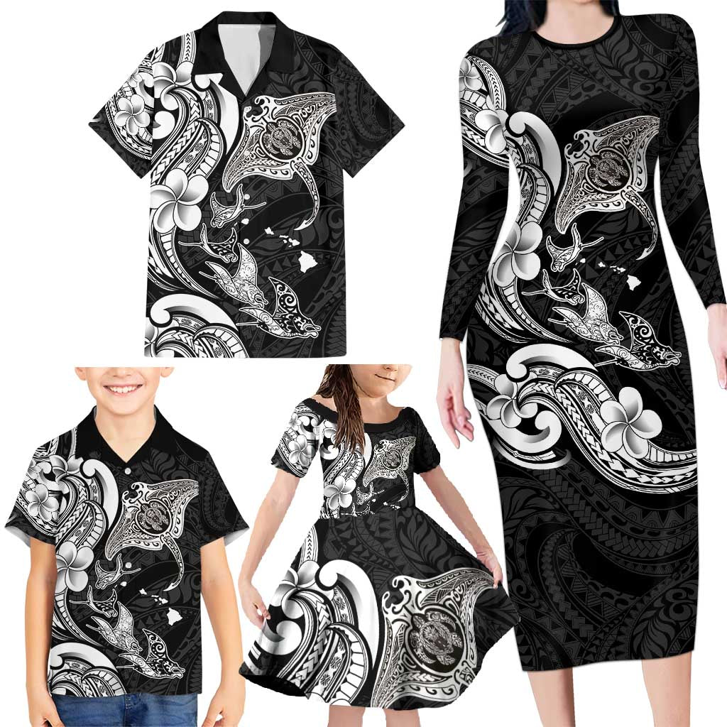 Hawaiian Manta Rays Family Matching Long Sleeve Bodycon Dress and Hawaiian Shirt Tribal Hibiscus Polynesian Tattoos Black Color - Polynesian Pride