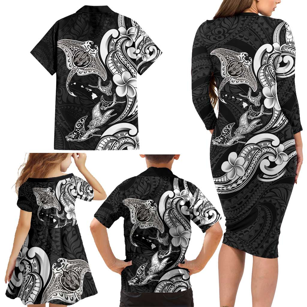 Hawaiian Manta Rays Family Matching Long Sleeve Bodycon Dress and Hawaiian Shirt Tribal Hibiscus Polynesian Tattoos Black Color - Polynesian Pride