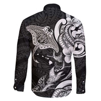 Hawaiian Manta Rays Family Matching Long Sleeve Bodycon Dress and Hawaiian Shirt Tribal Hibiscus Polynesian Tattoos Black Color - Polynesian Pride