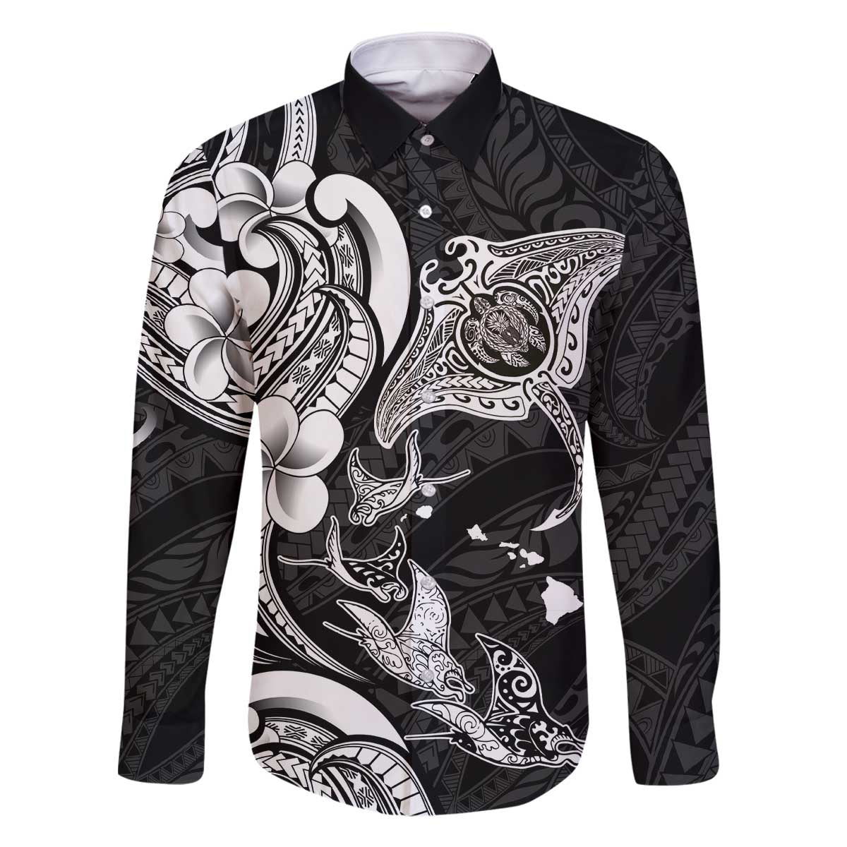 Hawaiian Manta Rays Family Matching Off The Shoulder Long Sleeve Dress and Hawaiian Shirt Tribal Hibiscus Polynesian Tattoos Black Color - Polynesian Pride