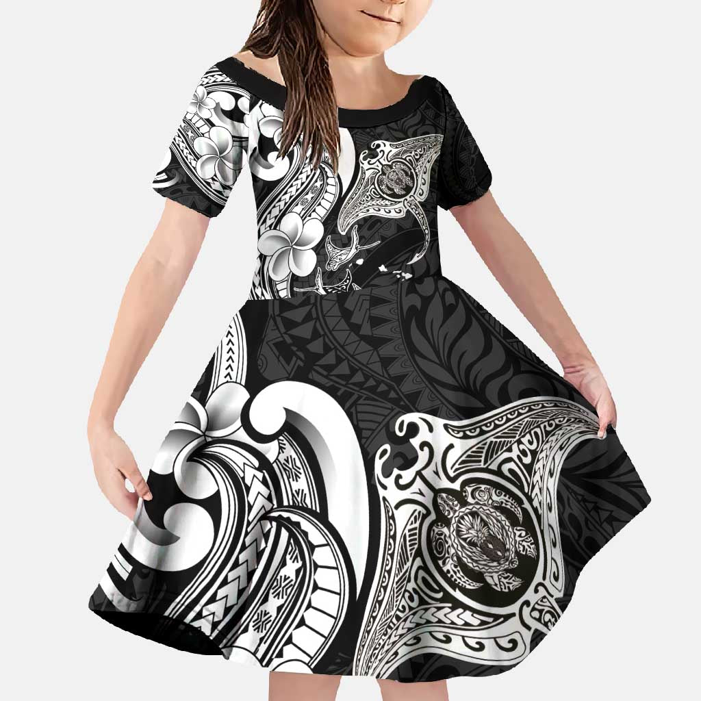 Hawaiian Manta Rays Family Matching Off Shoulder Maxi Dress and Hawaiian Shirt Tribal Hibiscus Polynesian Tattoos Black Color - Polynesian Pride