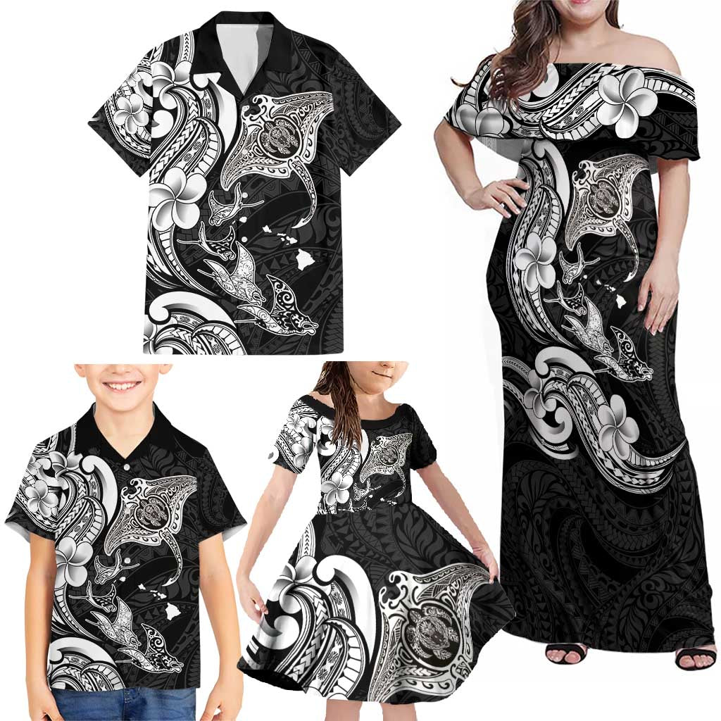 Hawaiian Manta Rays Family Matching Off Shoulder Maxi Dress and Hawaiian Shirt Tribal Hibiscus Polynesian Tattoos Black Color - Polynesian Pride