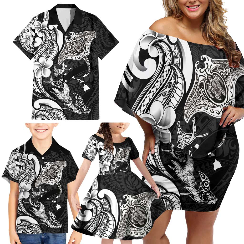 Hawaiian Manta Rays Family Matching Off Shoulder Short Dress and Hawaiian Shirt Tribal Hibiscus Polynesian Tattoos Black Color - Polynesian Pride