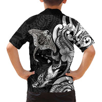 Hawaiian Manta Rays Family Matching Short Sleeve Bodycon Dress and Hawaiian Shirt Tribal Hibiscus Polynesian Tattoos Black Color - Polynesian Pride