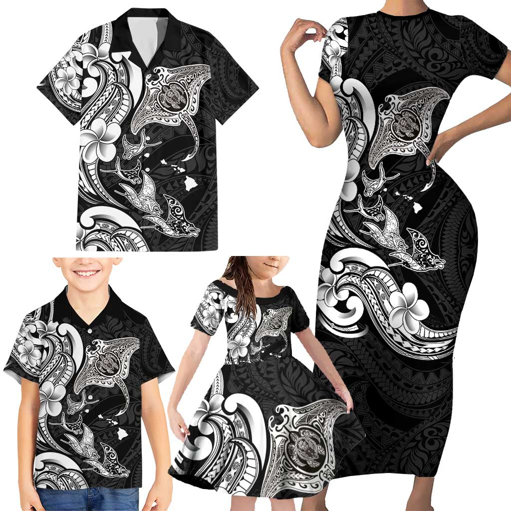 Hawaiian Manta Rays Family Matching Short Sleeve Bodycon Dress and Hawaiian Shirt Tribal Hibiscus Polynesian Tattoos Black Color - Polynesian Pride
