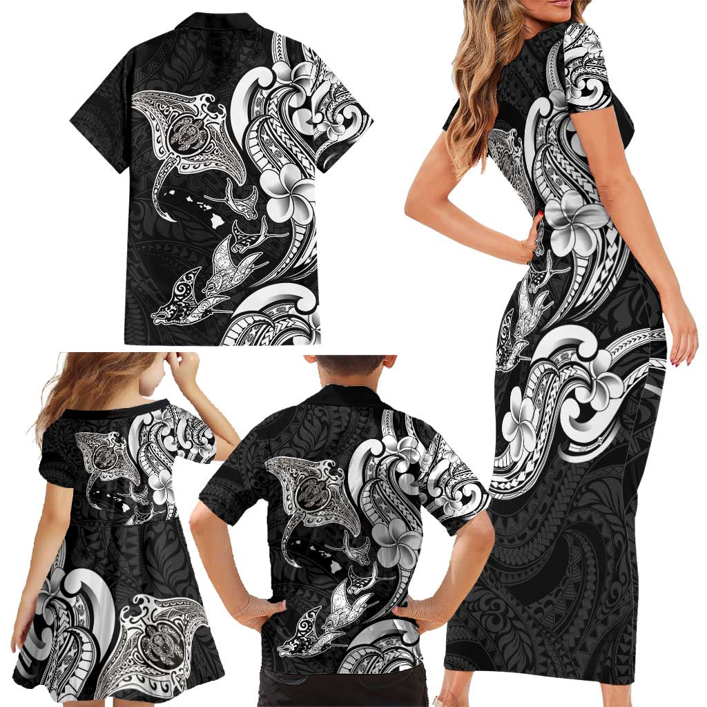 Hawaiian Manta Rays Family Matching Short Sleeve Bodycon Dress and Hawaiian Shirt Tribal Hibiscus Polynesian Tattoos Black Color - Polynesian Pride
