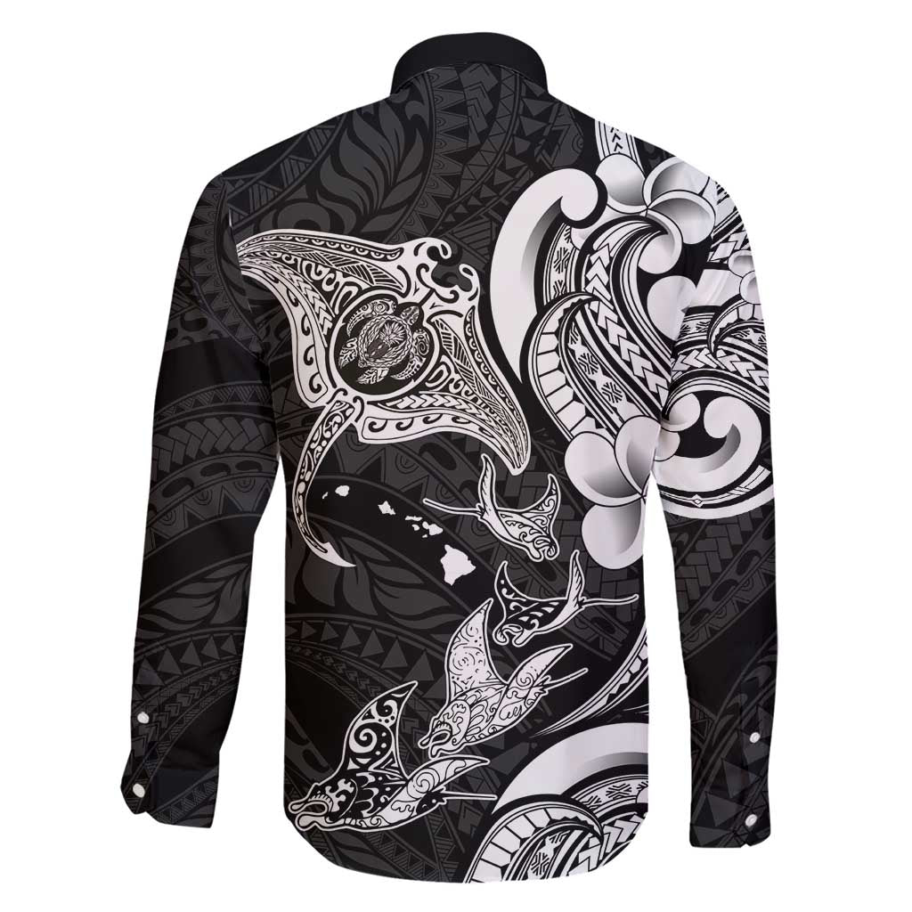 Hawaiian Manta Rays Family Matching Short Sleeve Bodycon Dress and Hawaiian Shirt Tribal Hibiscus Polynesian Tattoos Black Color - Polynesian Pride