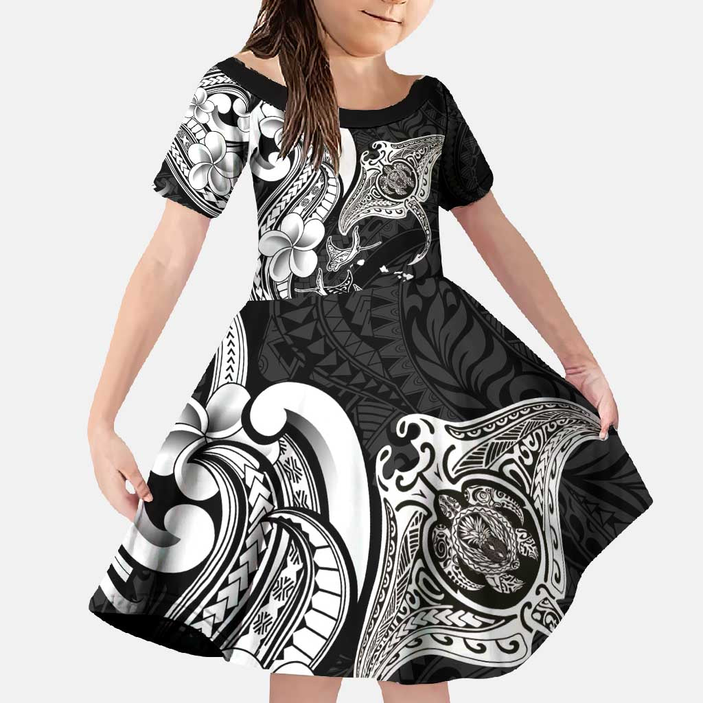Hawaiian Manta Rays Family Matching Summer Maxi Dress and Hawaiian Shirt Tribal Hibiscus Polynesian Tattoos Black Color - Polynesian Pride
