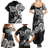 Hawaiian Manta Rays Family Matching Summer Maxi Dress and Hawaiian Shirt Tribal Hibiscus Polynesian Tattoos Black Color - Polynesian Pride