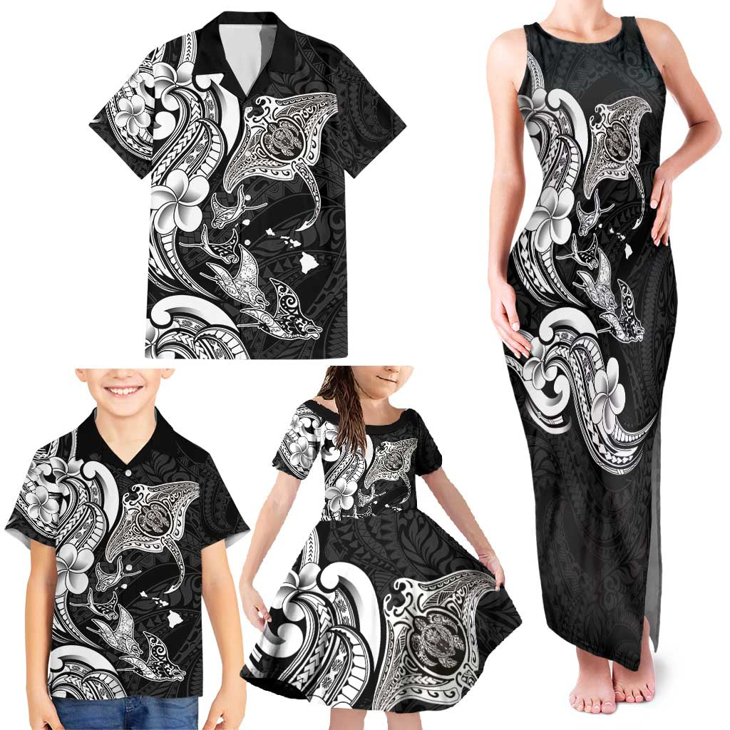 Hawaiian Manta Rays Family Matching Tank Maxi Dress and Hawaiian Shirt Tribal Hibiscus Polynesian Tattoos Black Color - Polynesian Pride