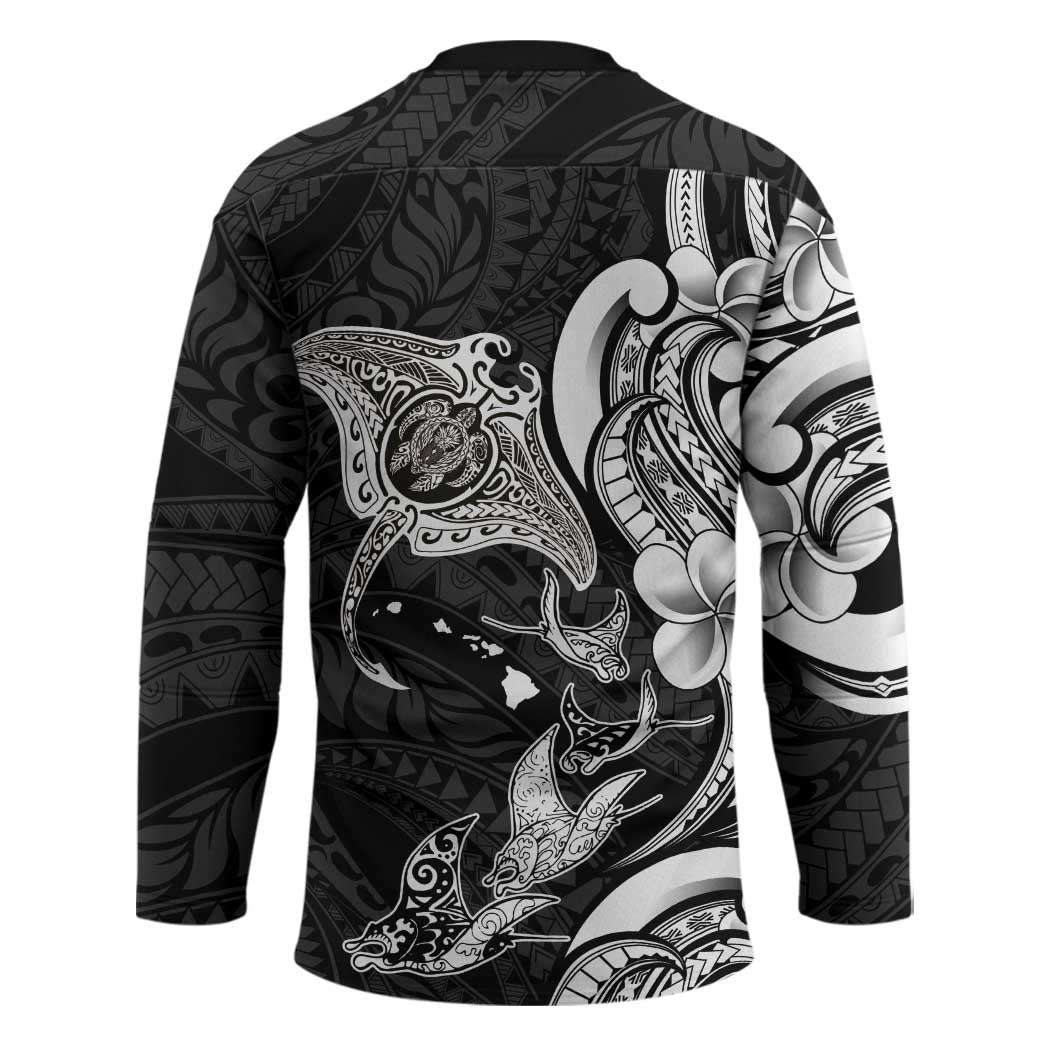 Hawaiian Manta Rays Hockey Jersey Tribal Hibiscus Polynesian Tattoos Black Color - Polynesian Pride