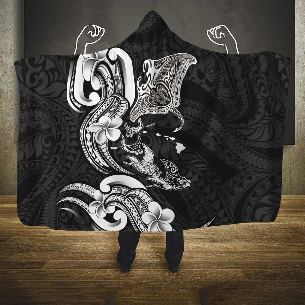 Hawaiian Manta Rays Hooded Blanket Tribal Hibiscus Polynesian Tattoos Black Color - Polynesian Pride
