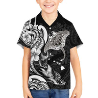 Hawaiian Manta Rays Kid Hawaiian Shirt Tribal Hibiscus Polynesian Tattoos Black Color - Polynesian Pride
