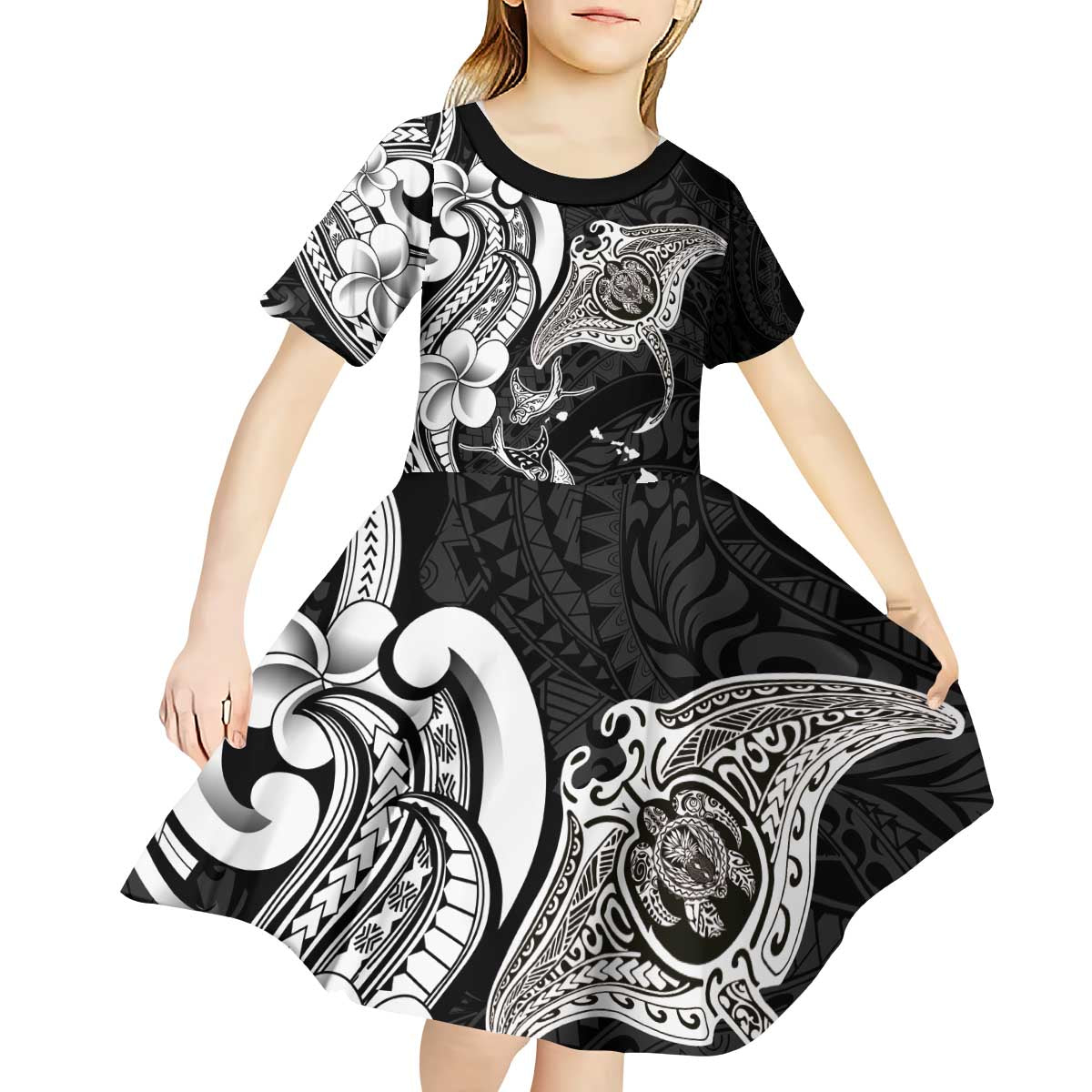 Hawaiian Manta Rays Kid Short Sleeve Dress Tribal Hibiscus Polynesian Tattoos Black Color - Polynesian Pride