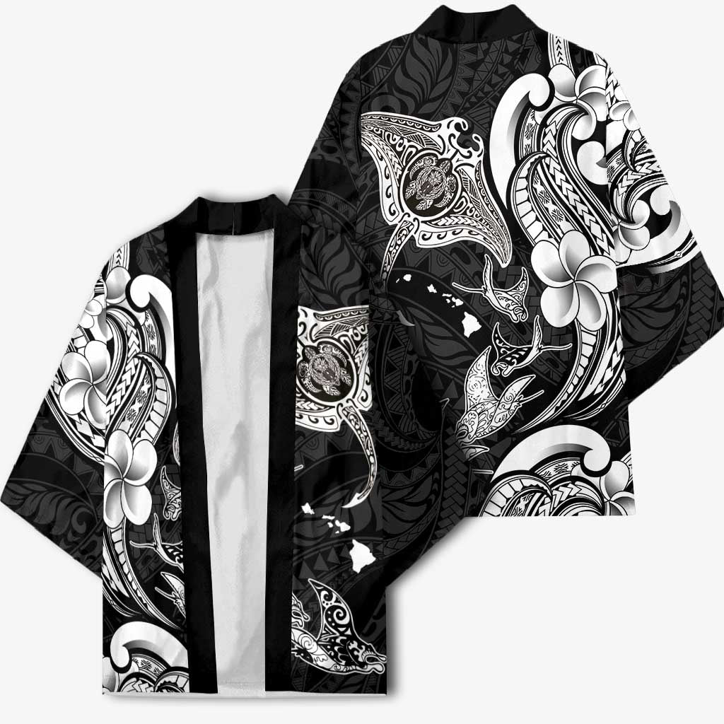 Hawaiian Manta Rays Kimono Tribal Hibiscus Polynesian Tattoos Black Color - Polynesian Pride