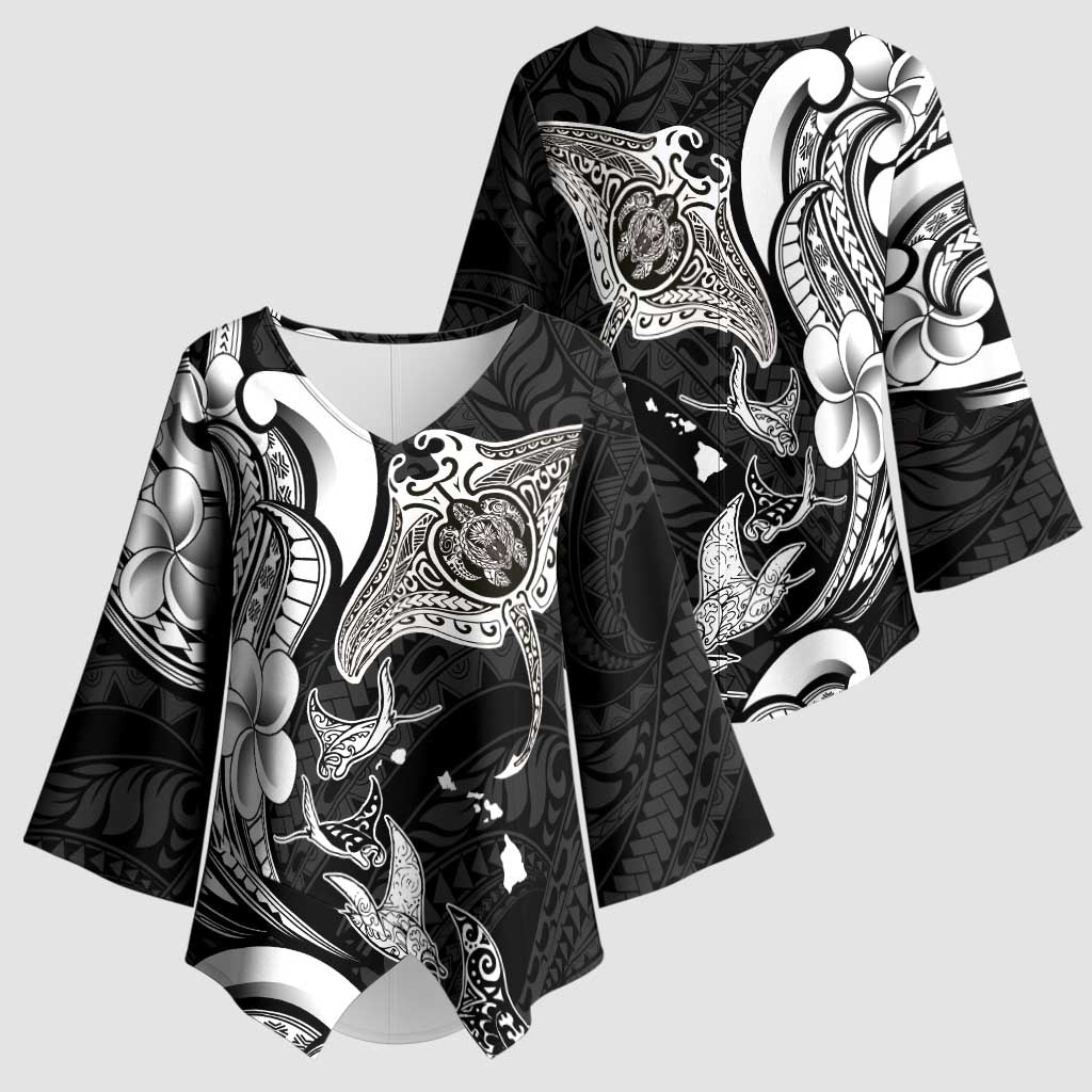 Hawaiian Manta Rays Kimono Sleeve Blouse Tribal Hibiscus Polynesian Tattoos Black Color - Polynesian Pride