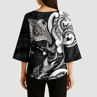 Hawaiian Manta Rays Kimono Sleeve Blouse Tribal Hibiscus Polynesian Tattoos Black Color - Polynesian Pride