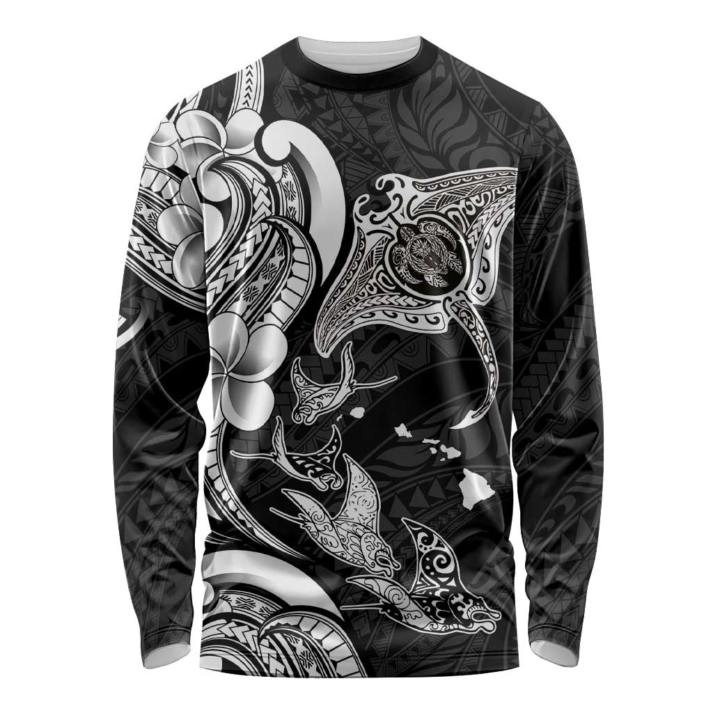Hawaiian Manta Rays Long Sleeve Shirt Tribal Hibiscus Polynesian Tattoos Black Color LT03 Unisex Black - Polynesian Pride