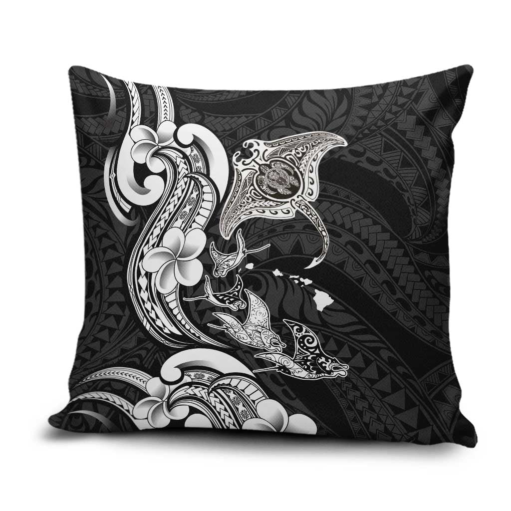 Hawaiian Manta Rays Pillow Cover Tribal Hibiscus Polynesian Tattoos Black Color - Polynesian Pride