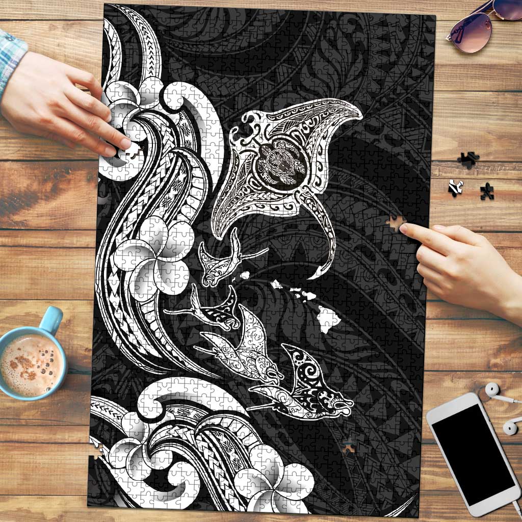 Hawaiian Manta Rays Puzzle Tribal Hibiscus Polynesian Tattoos Black Color LT03 Black - Polynesian Pride