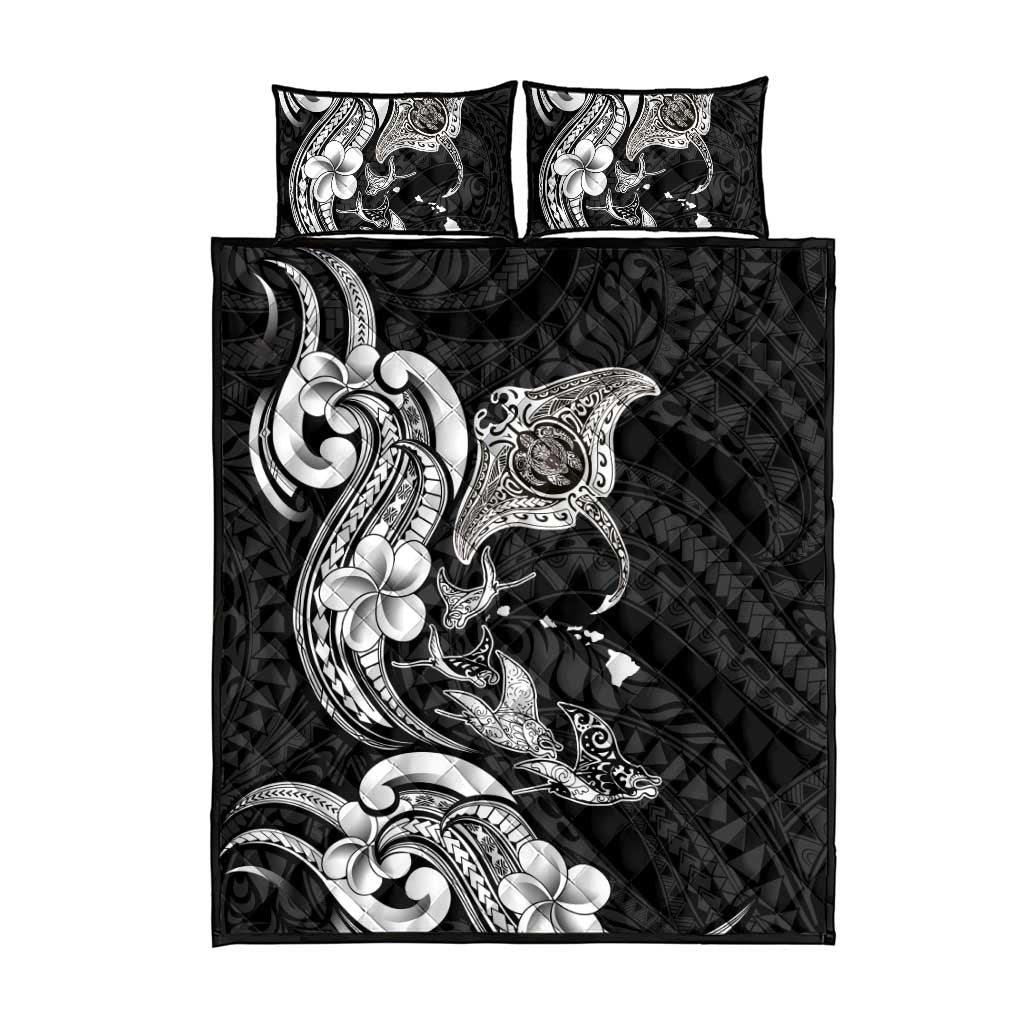 Hawaiian Manta Rays Quilt Bed Set Tribal Hibiscus Polynesian Tattoos Black Color - Polynesian Pride