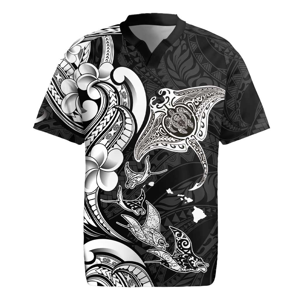 Hawaiian Manta Rays Rugby Jersey Tribal Hibiscus Polynesian Tattoos Black Color - Polynesian Pride