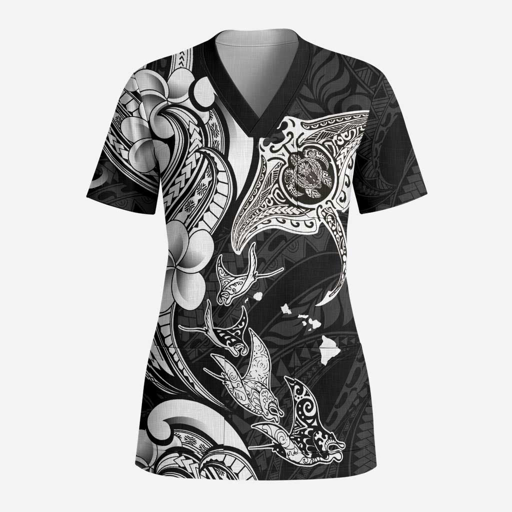 Hawaiian Manta Rays Scrub Top Tribal Hibiscus Polynesian Tattoos Black Color - Polynesian Pride