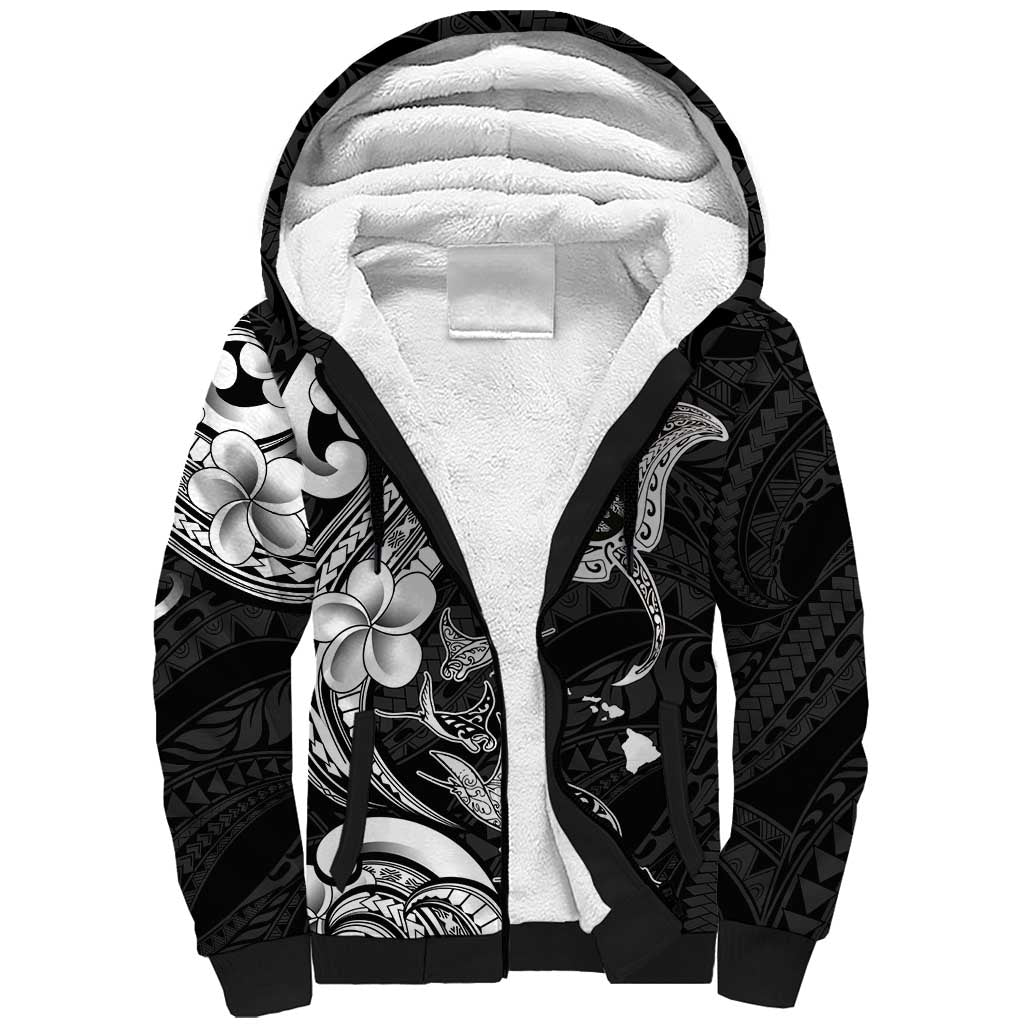 Hawaiian Manta Rays Sherpa Hoodie Tribal Hibiscus Polynesian Tattoos Black Color LT03 Unisex Black - Polynesian Pride