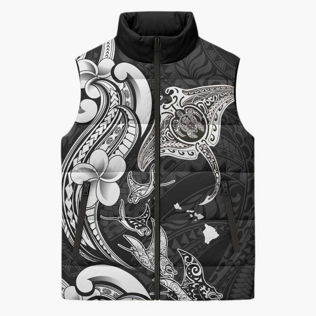 Hawaiian Manta Rays Sleeveless Puffer Jacket Tribal Hibiscus Polynesian Tattoos Black Color LT03 Unisex Black - Polynesian Pride