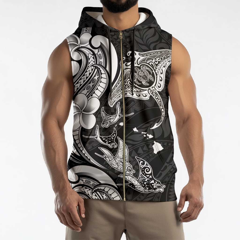 Hawaiian Manta Rays Sleeveless Zip Hoodie Tribal Hibiscus Polynesian Tattoos Black Color - Polynesian Pride