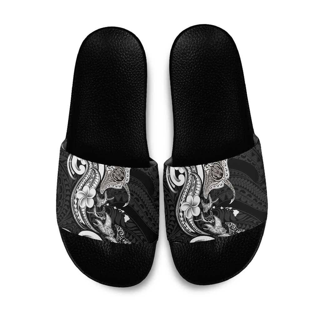 Hawaiian Manta Rays Slide Sandals Tribal Hibiscus Polynesian Tattoos Black Color - Polynesian Pride
