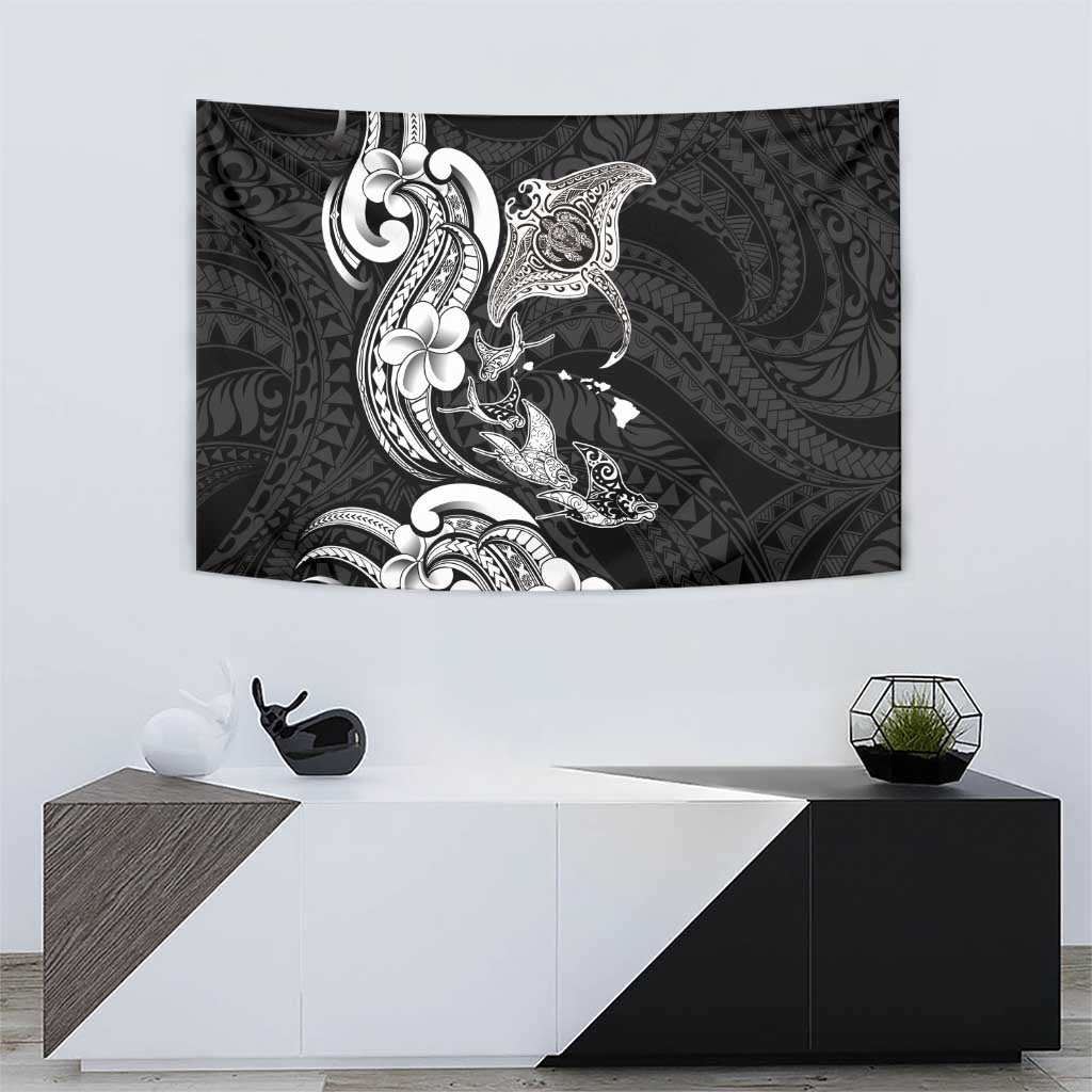 Hawaiian Manta Rays Tapestry Tribal Hibiscus Polynesian Tattoos Black Color - Polynesian Pride