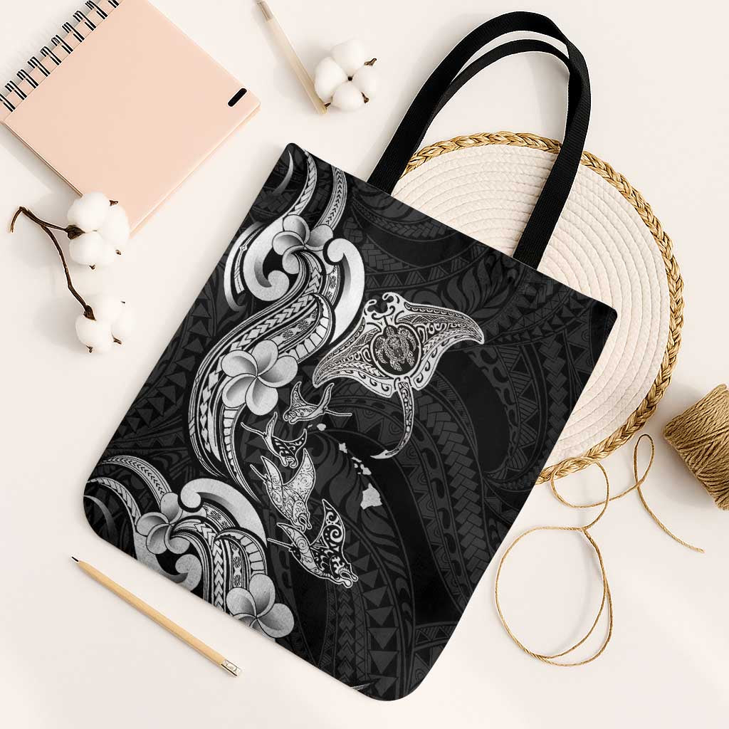 Hawaiian Manta Rays Tote Bag Tribal Hibiscus Polynesian Tattoos Black Color - Polynesian Pride