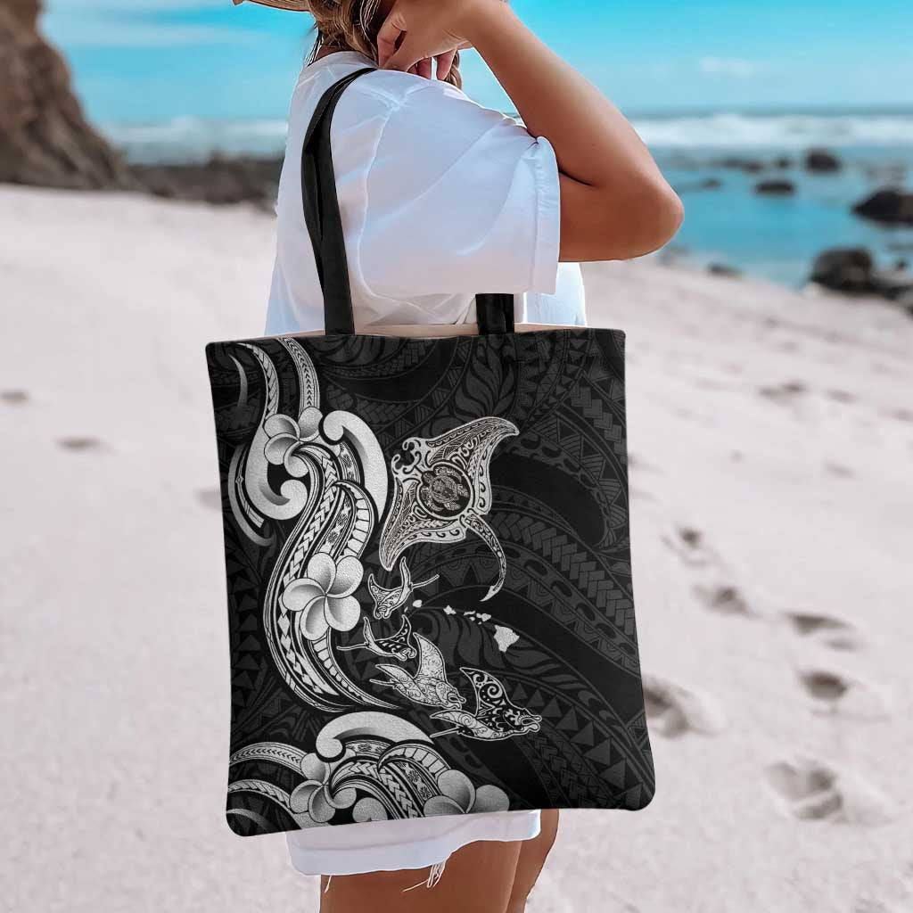 Hawaiian Manta Rays Tote Bag Tribal Hibiscus Polynesian Tattoos Black Color - Polynesian Pride