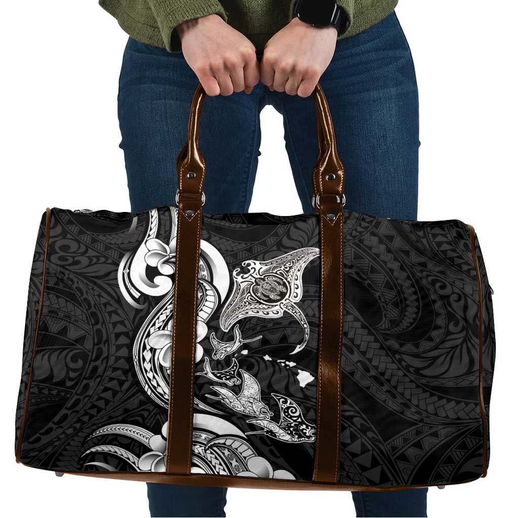 Hawaiian Manta Rays Travel Bag Tribal Hibiscus Polynesian Tattoos Black Color - Polynesian Pride