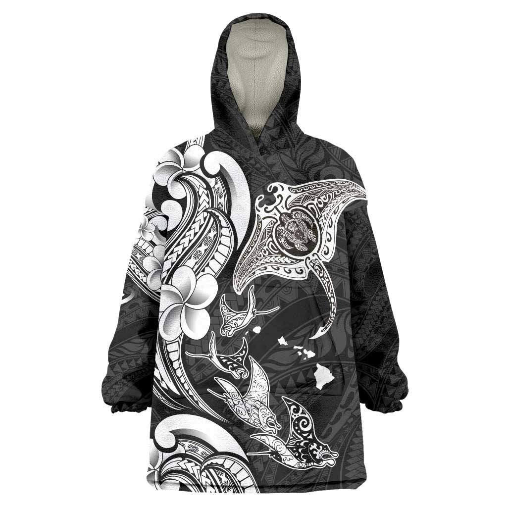 Hawaiian Manta Rays Wearable Blanket Hoodie Tribal Hibiscus Polynesian Tattoos Black Color - Polynesian Pride