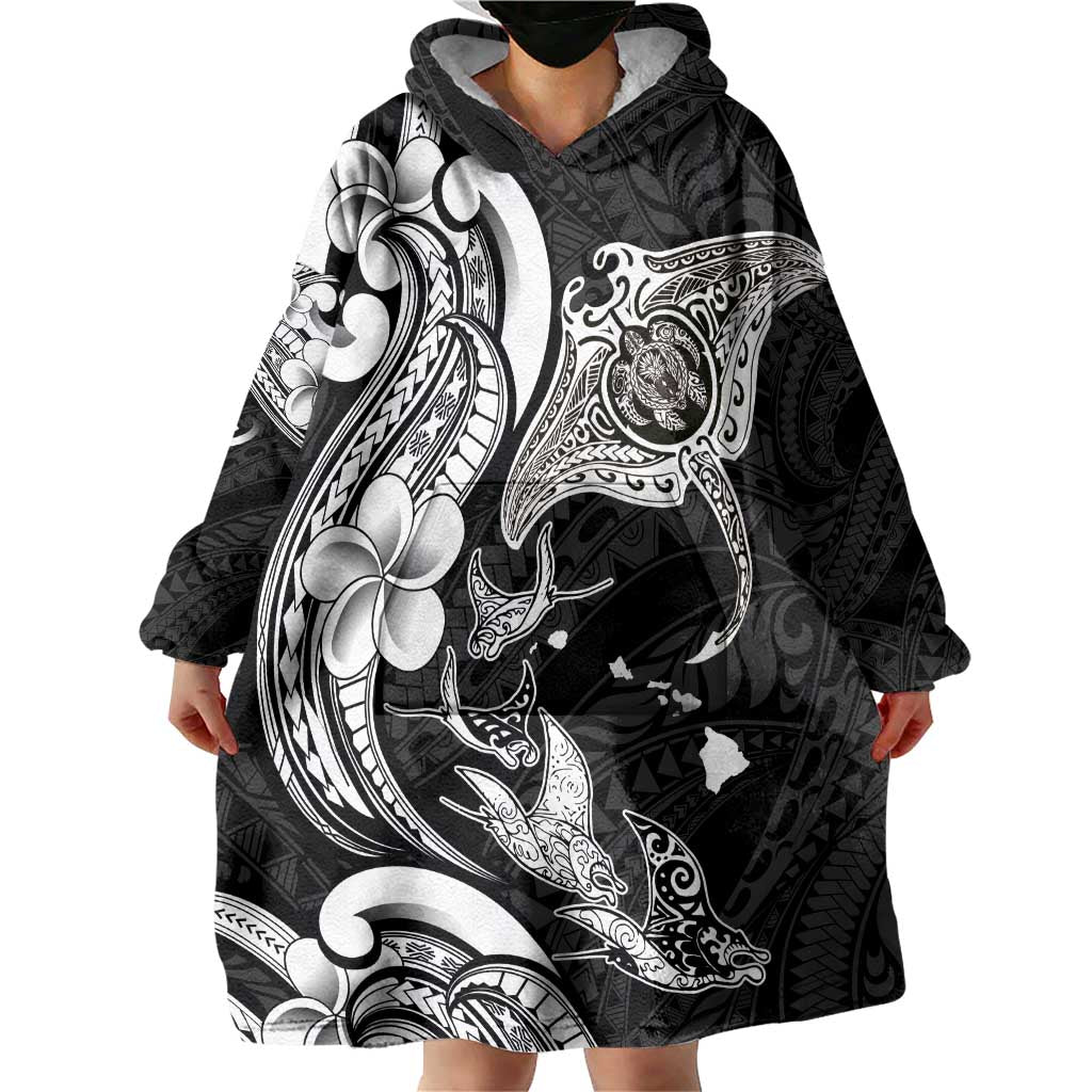 Hawaiian Manta Rays Wearable Blanket Hoodie Tribal Hibiscus Polynesian Tattoos Black Color - Polynesian Pride