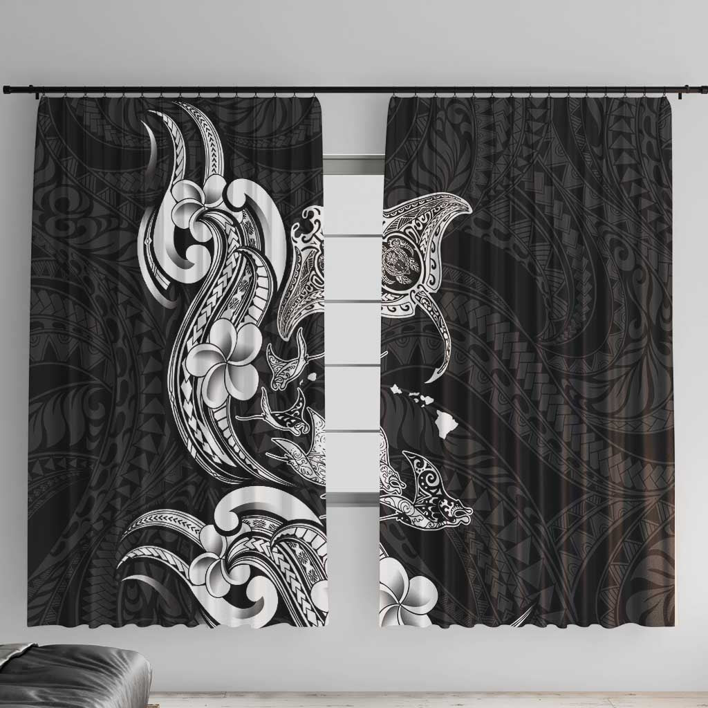 Hawaiian Manta Rays Window Curtain Tribal Hibiscus Polynesian Tattoos Black Color - Polynesian Pride