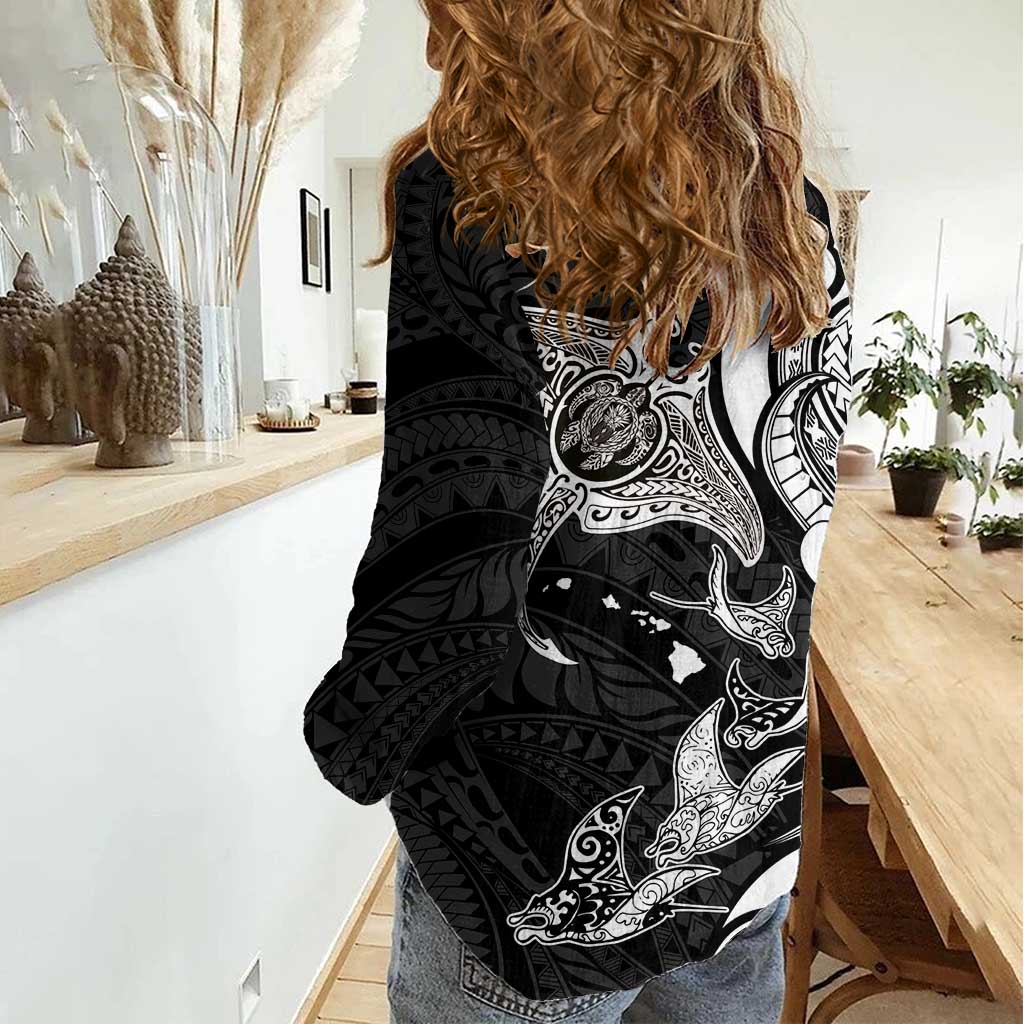 Hawaiian Manta Rays Women Casual Shirt Tribal Hibiscus Polynesian Tattoos Black Color - Polynesian Pride