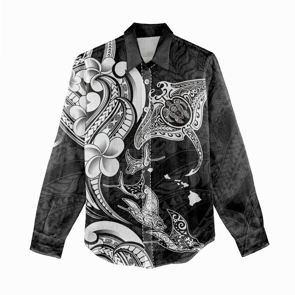 Hawaiian Manta Rays Women Casual Shirt Tribal Hibiscus Polynesian Tattoos Black Color - Polynesian Pride