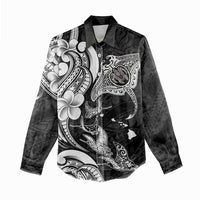 Hawaiian Manta Rays Women Casual Shirt Tribal Hibiscus Polynesian Tattoos Black Color - Polynesian Pride