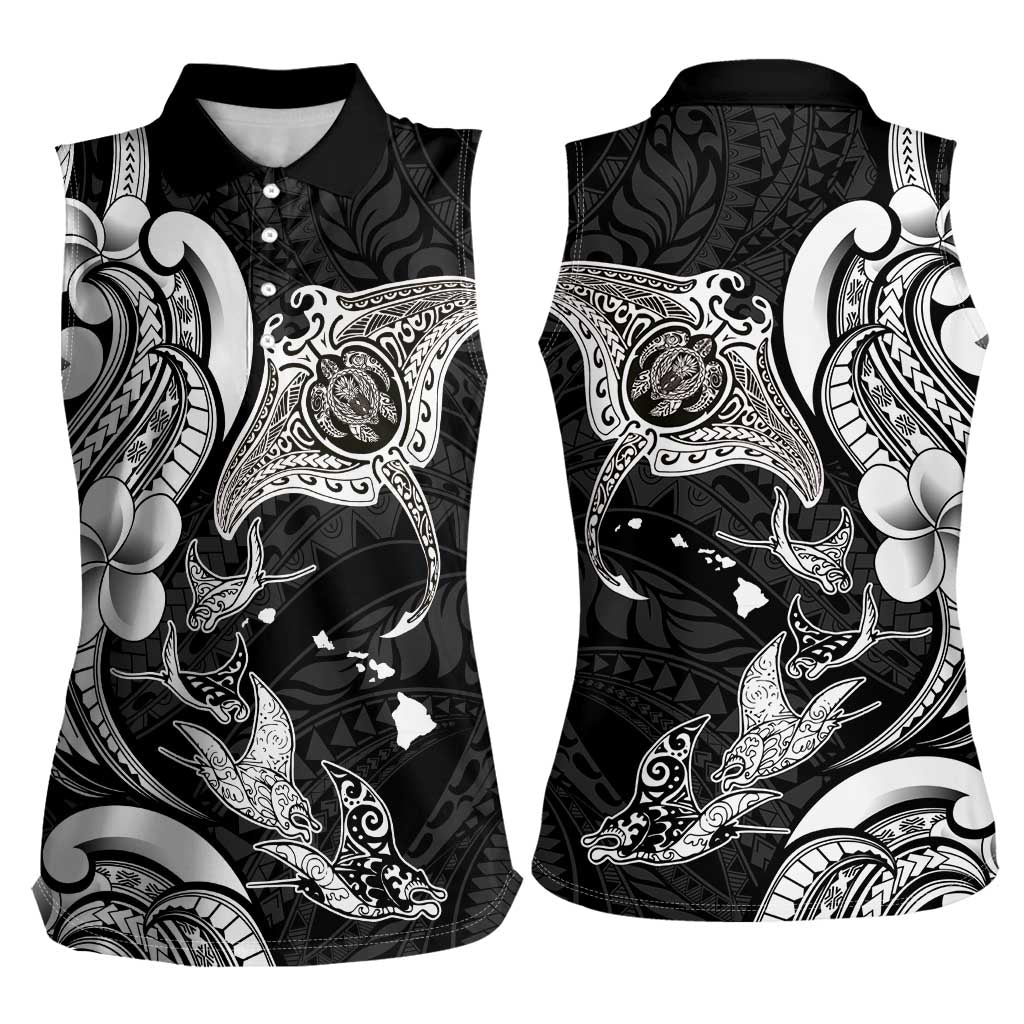 Hawaiian Manta Rays Women Sleeveless Polo Shirt Tribal Hibiscus Polynesian Tattoos Black Color - Polynesian Pride