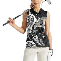 Hawaiian Manta Rays Women Sleeveless Polo Shirt Tribal Hibiscus Polynesian Tattoos Black Color - Polynesian Pride