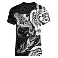Hawaiian Manta Rays Women V-Neck T-Shirt Tribal Hibiscus Polynesian Tattoos Black Color - Polynesian Pride