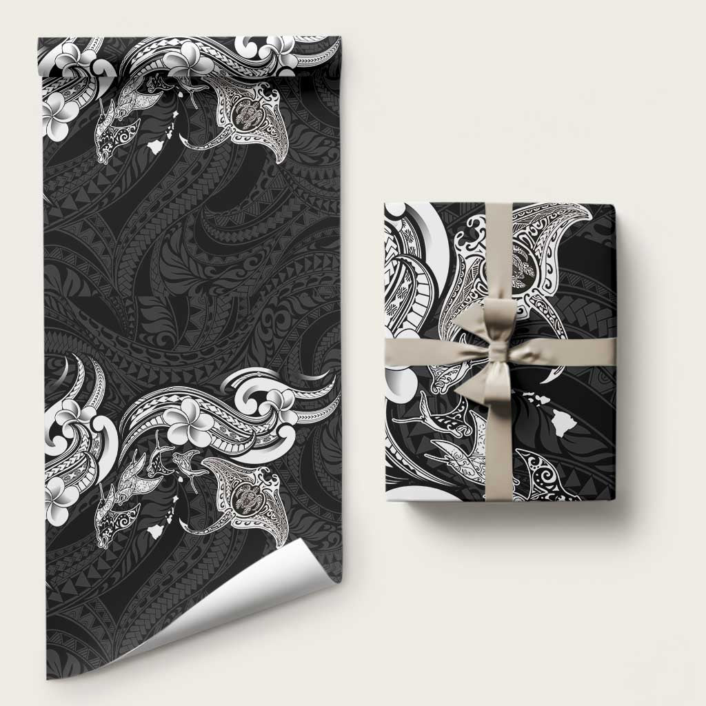 Hawaiian Manta Rays Wrapping Paper Tribal Hibiscus Polynesian Tattoos Black Color - Polynesian Pride