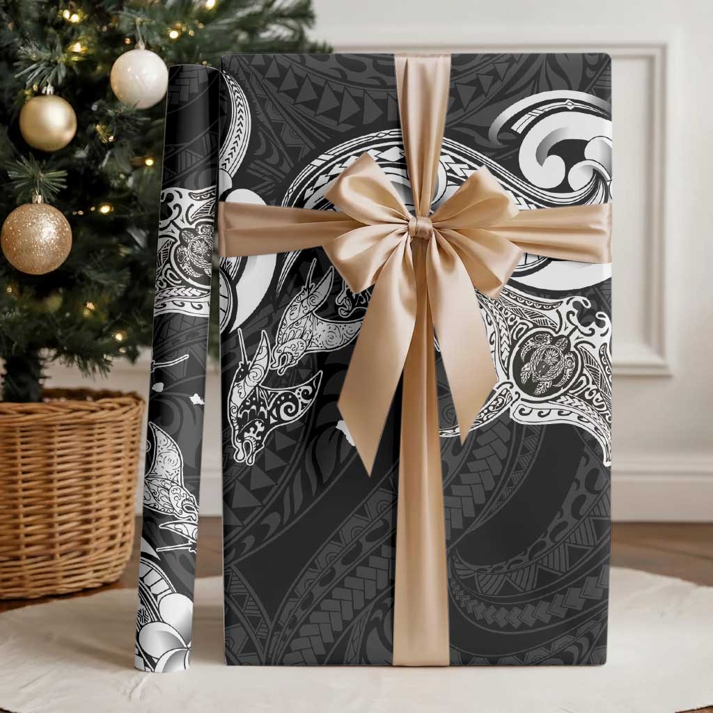 Hawaiian Manta Rays Wrapping Paper Tribal Hibiscus Polynesian Tattoos Black Color - Polynesian Pride