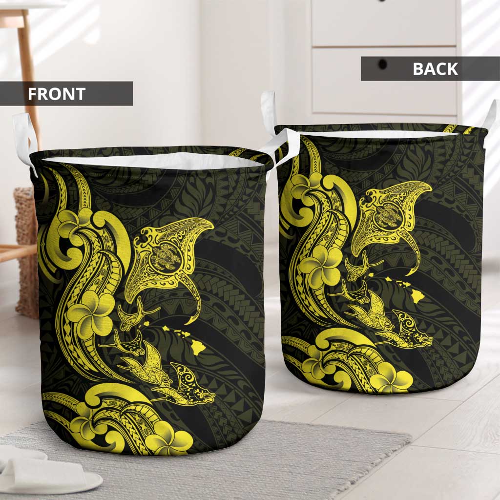 Hawaiian Manta Rays Laundry Basket Tribal Hibiscus Polynesian Tattoos Yellow Color - Polynesian Pride