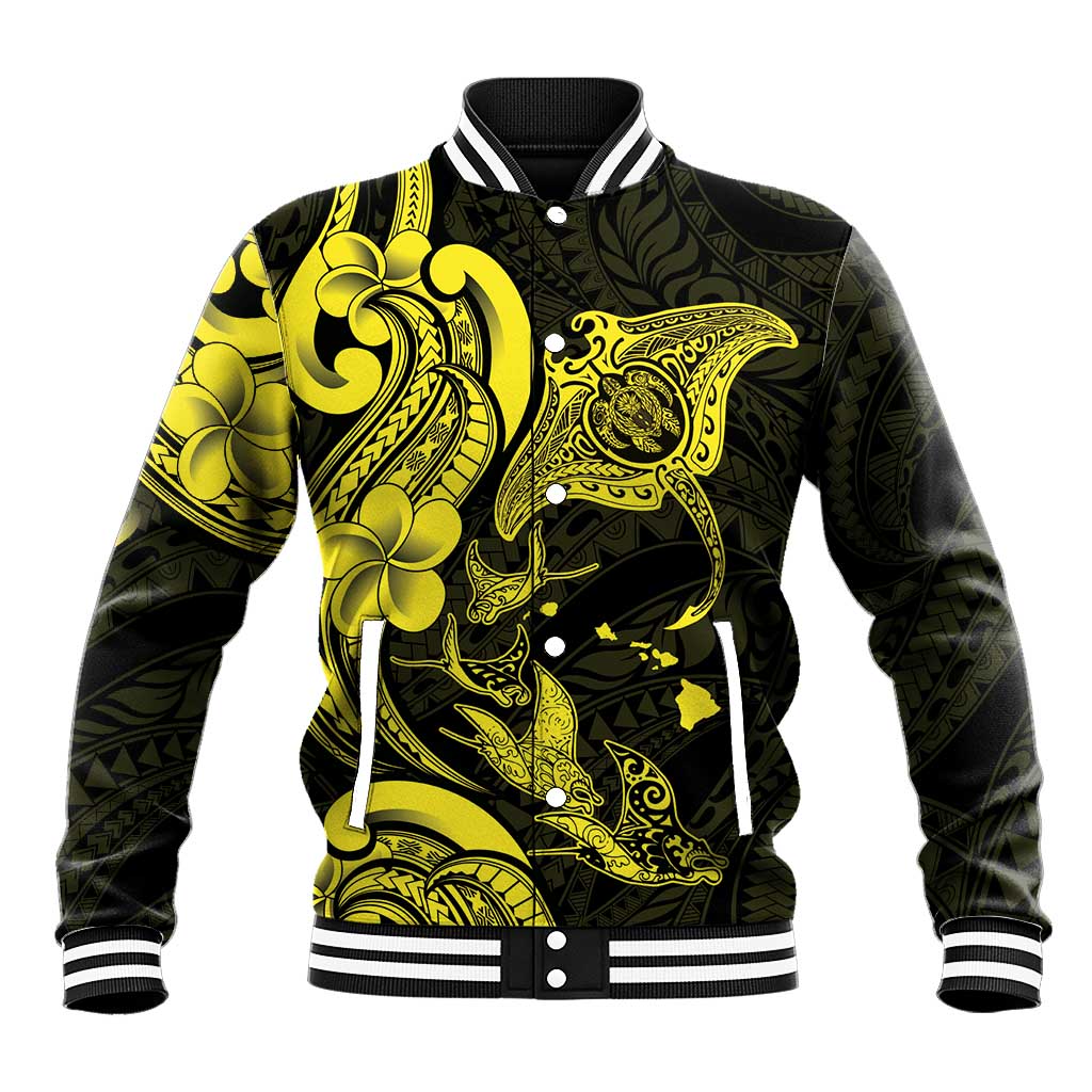 Hawaiian Manta Rays Baseball Jacket Tribal Hibiscus Polynesian Tattoos Yellow Color LT03 Unisex Yellow - Polynesian Pride