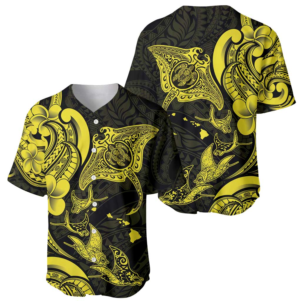 Hawaiian Manta Rays Baseball Jersey Tribal Hibiscus Polynesian Tattoos Yellow Color - Polynesian Pride