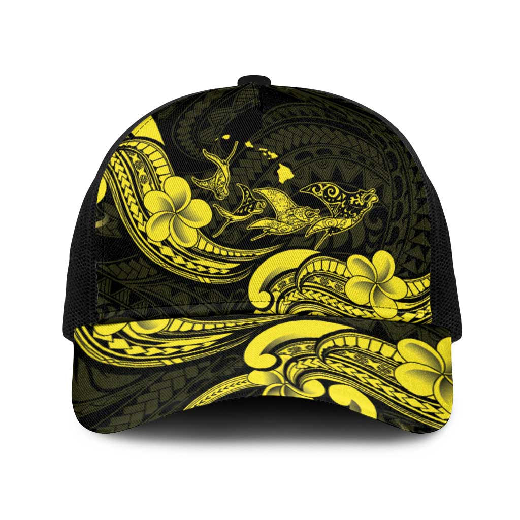 Hawaiian Manta Rays Baseball Net Cap Tribal Hibiscus Polynesian Tattoos Yellow Color - Polynesian Pride